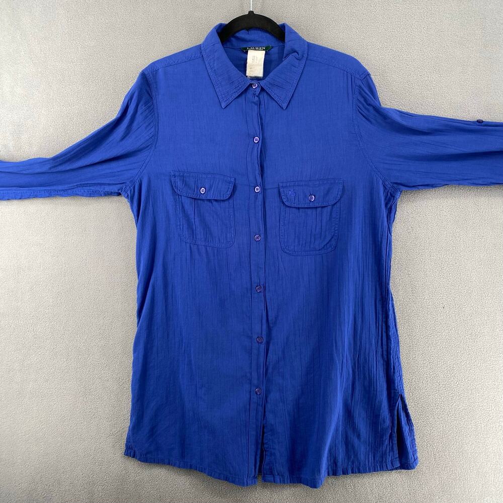 Ralph Lauren Blue Long Sleeve Button Down Shirt Womens L 100% Cotton Loose Fit - Picture 9 of 16